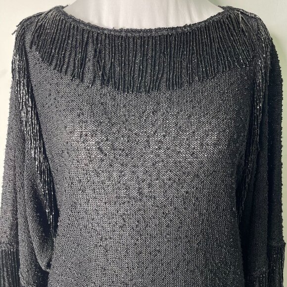 Lillie Rubin Women's Black Long Sleeve Round Neck Fringe Blouse Size Small - Picture 2 of 9